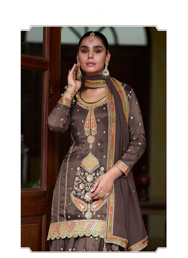 Dazzling Brown Color Silk Fabric Partywear Suit