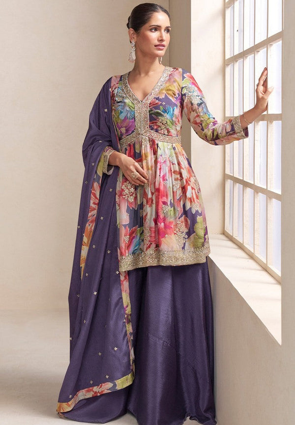 Amazing Multi Color Chinon Fabric Plazzo Suit