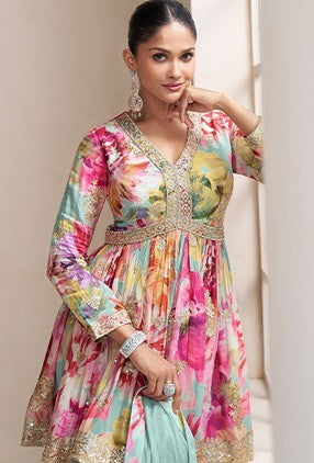 Amazing Multi Color Chinon Fabric Plazzo Suit