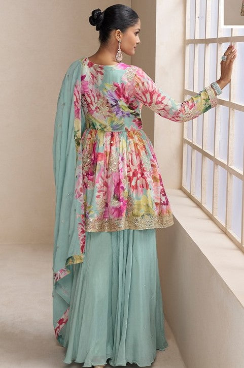 Amazing Multi Color Chinon Fabric Plazzo Suit