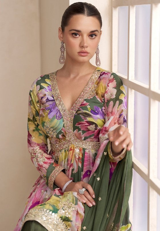 Amazing Multi Color Chinon Fabric Plazzo Suit