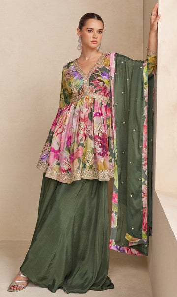 Amazing Multi Color Chinon Fabric Plazzo Suit