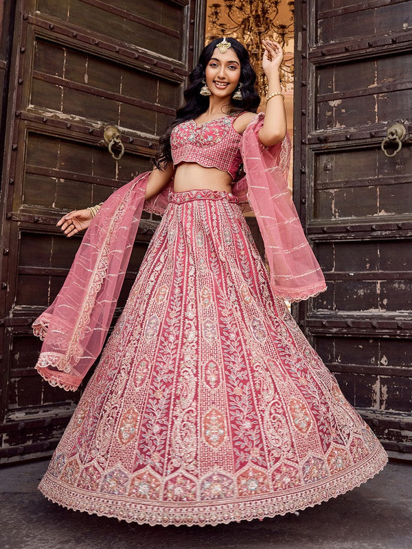 Charming Peach Color Net Fabric Party Wear Lehenga