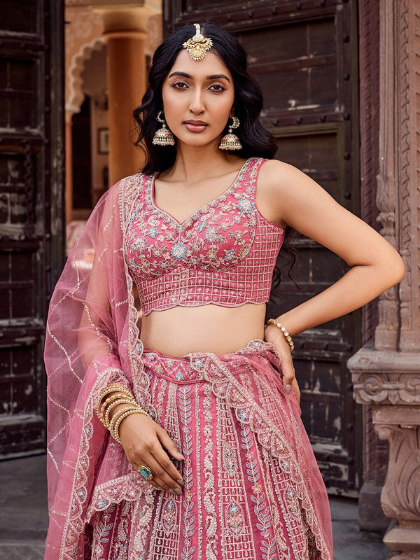 Charming Peach Color Net Fabric Party Wear Lehenga