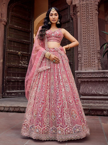 Charming Peach Color Net Fabric Party Wear Lehenga