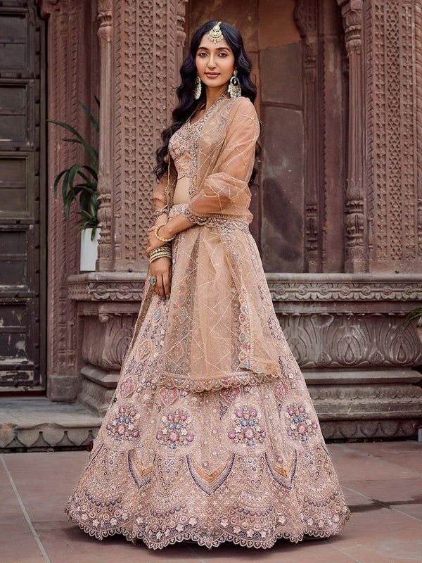 Charming Beige Color Net Fabric Party Wear Lehenga