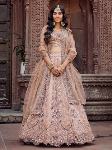 Charming Beige Color Net Fabric Party Wear Lehenga