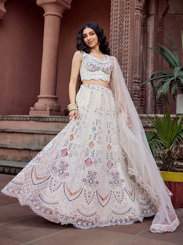 Charming Cream Color Net Fabric Party Wear Lehenga