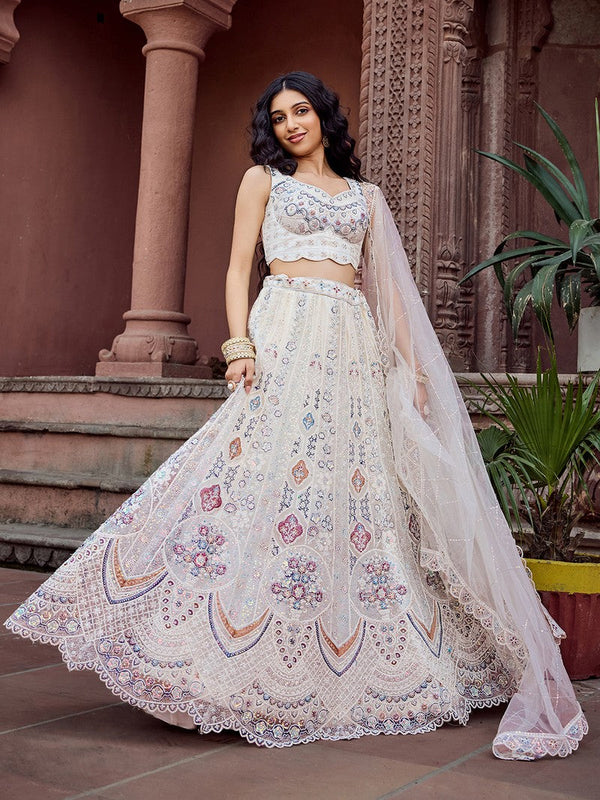 Charming Cream Color Net Fabric Party Wear Lehenga