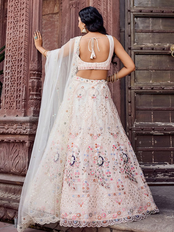 Charming Cream Color Net Fabric Party Wear Lehenga