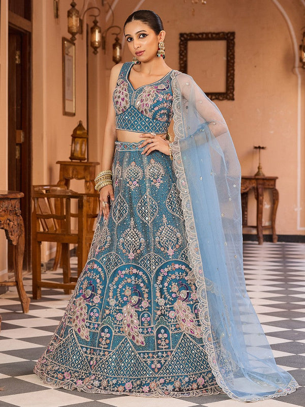 Charming Teal Color Net Fabric Party Wear Lehenga
