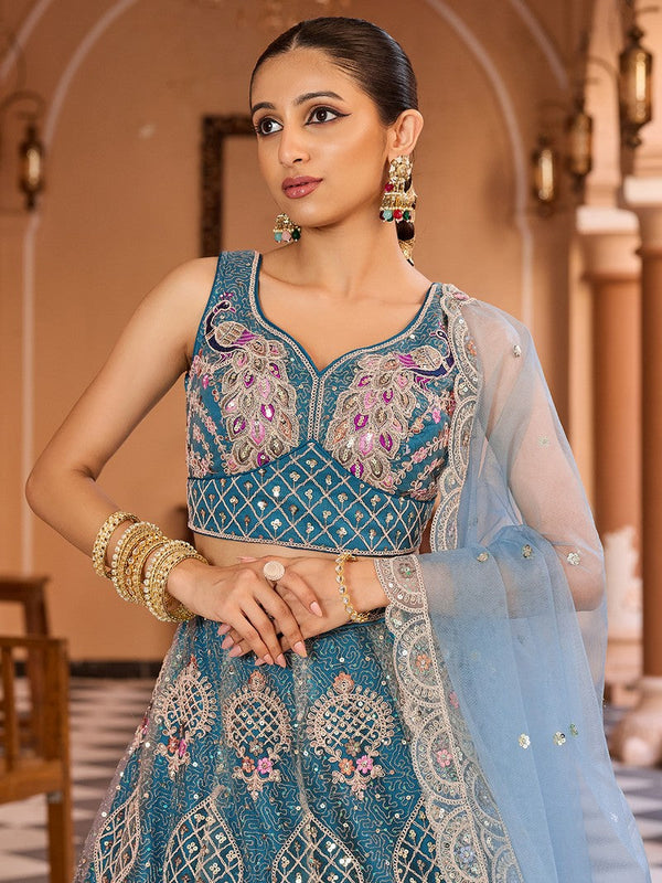 Charming Teal Color Net Fabric Party Wear Lehenga