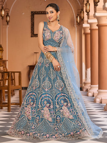 Charming Teal Color Net Fabric Party Wear Lehenga