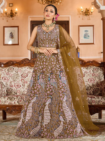Charming Mustard Color Net Fabric Party Wear Lehenga