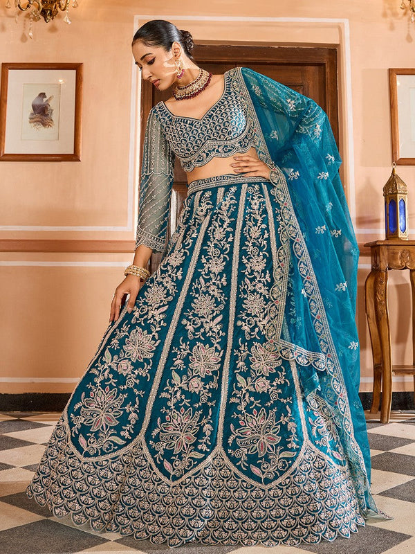 Charming Teal Color Net Fabric Party Wear Lehenga