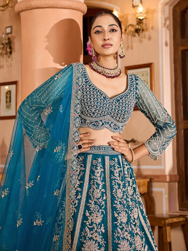 Charming Teal Color Net Fabric Party Wear Lehenga