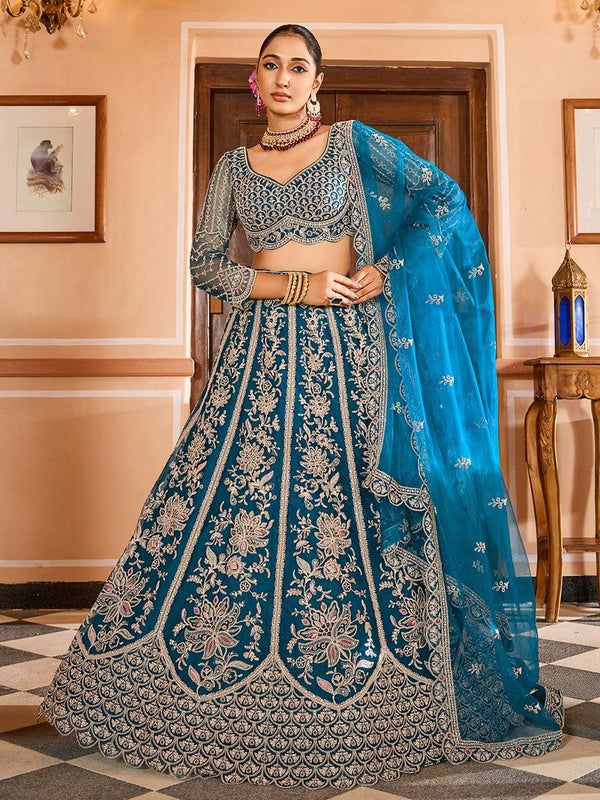 Charming Teal Color Net Fabric Party Wear Lehenga
