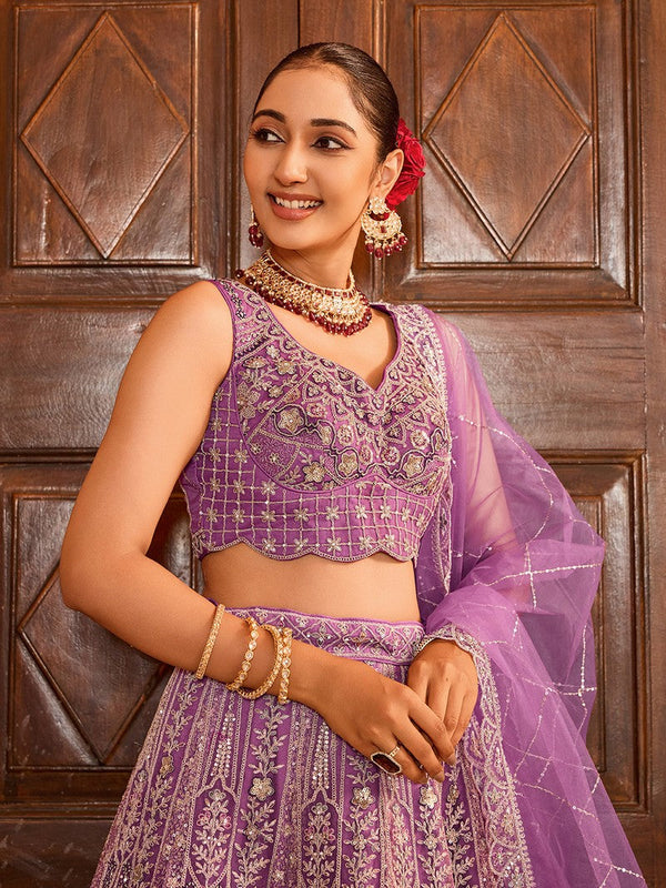 Charming Purple Color Net Fabric Party Wear Lehenga