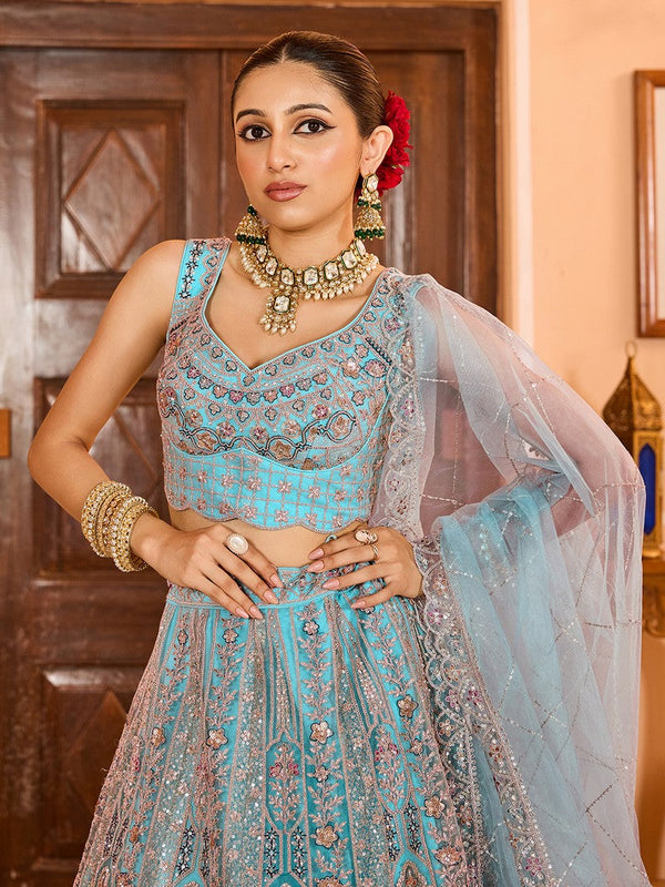 Charming Turquoise Color Net Fabric Party Wear Lehenga