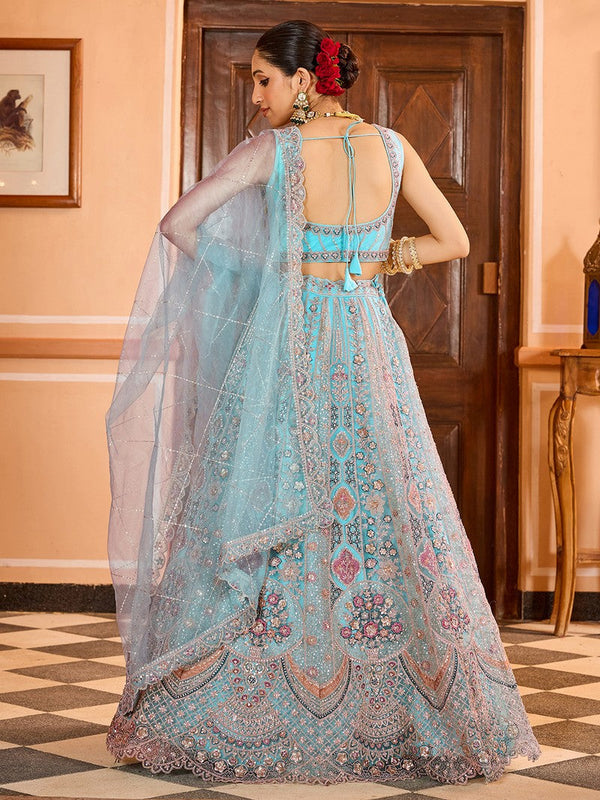 Charming Turquoise Color Net Fabric Party Wear Lehenga