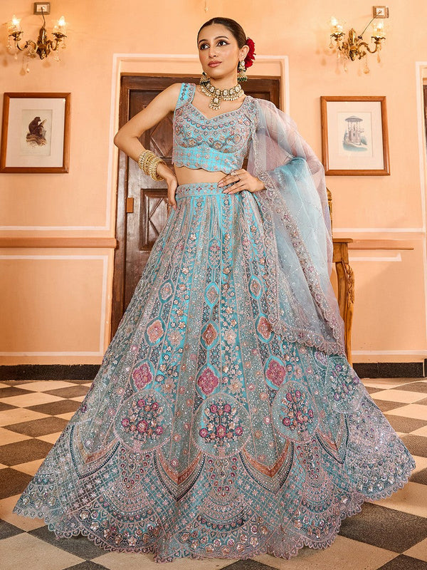 Charming Turquoise Color Net Fabric Party Wear Lehenga