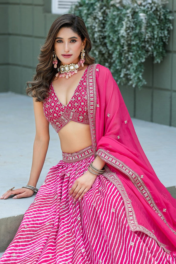Amazing Pink Color Organza Fabric Party Wear Lehenga