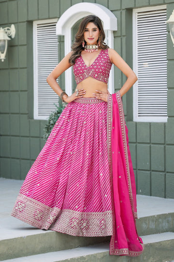 Amazing Pink Color Organza Fabric Party Wear Lehenga