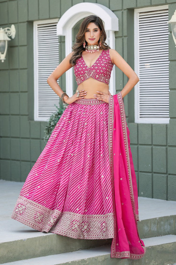 Amazing Pink Color Organza Fabric Party Wear Lehenga