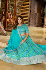 Amazing Turquoise Color Organza Fabric Party Wear Lehenga