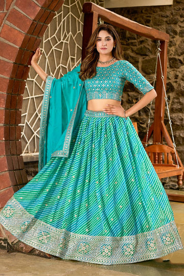 Amazing Turquoise Color Organza Fabric Party Wear Lehenga