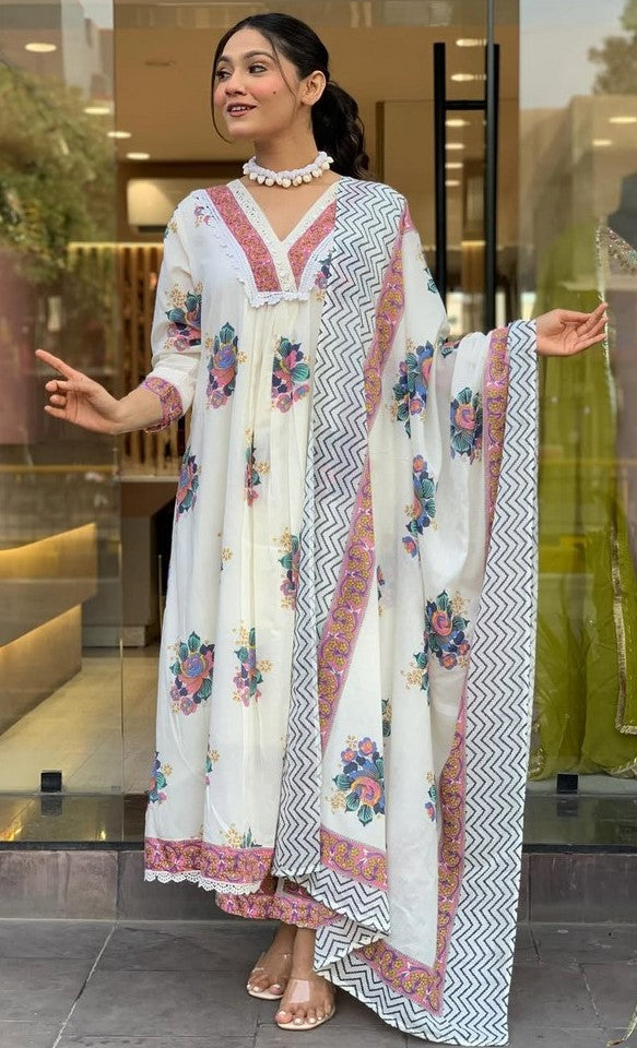 Amazing White Color Cotton Fabric Designer Suit