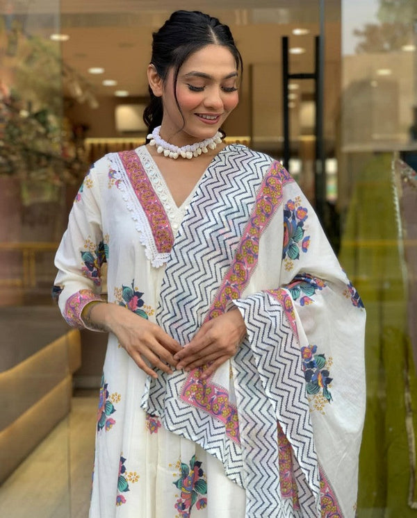 Amazing White Color Cotton Fabric Designer Suit