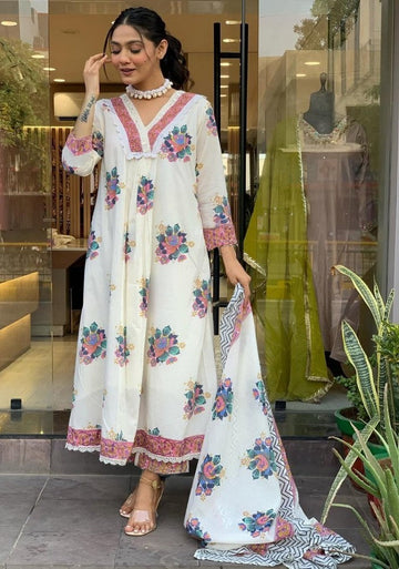 Amazing White Color Cotton Fabric Designer Suit