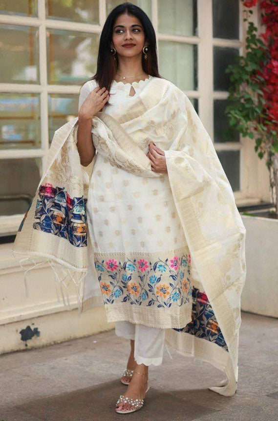 Amazing Cream Color Viscose  Fabric Designer Suit