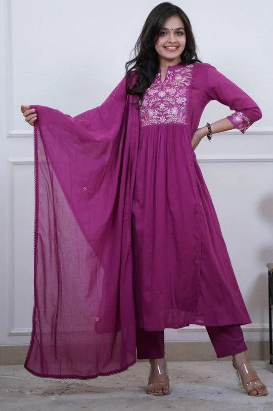 Amazing Purple Color Cotton Fabric Designer Suit