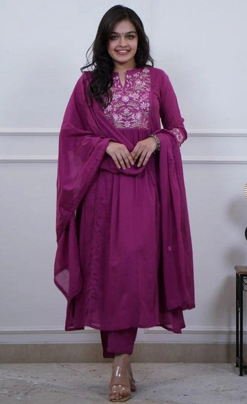 Amazing Purple Color Cotton Fabric Designer Suit