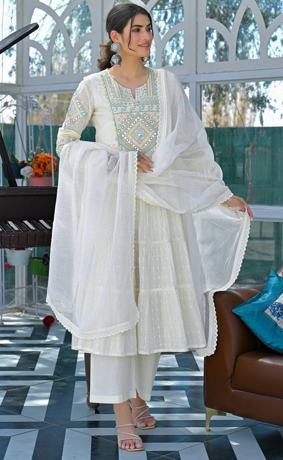 Amazing White Color Cotton Fabric Designer Suit