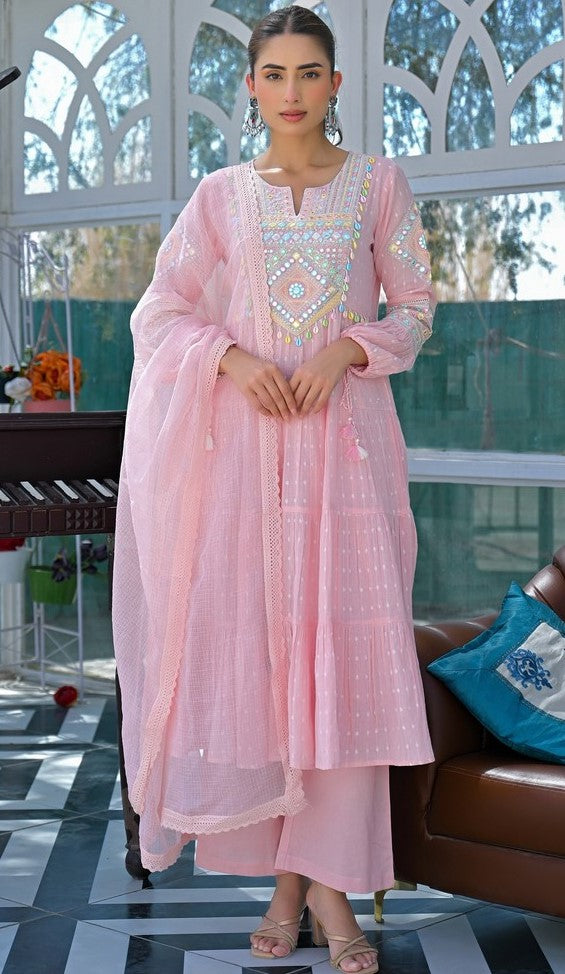 Amazing Pink Color Cotton Fabric Designer Suit