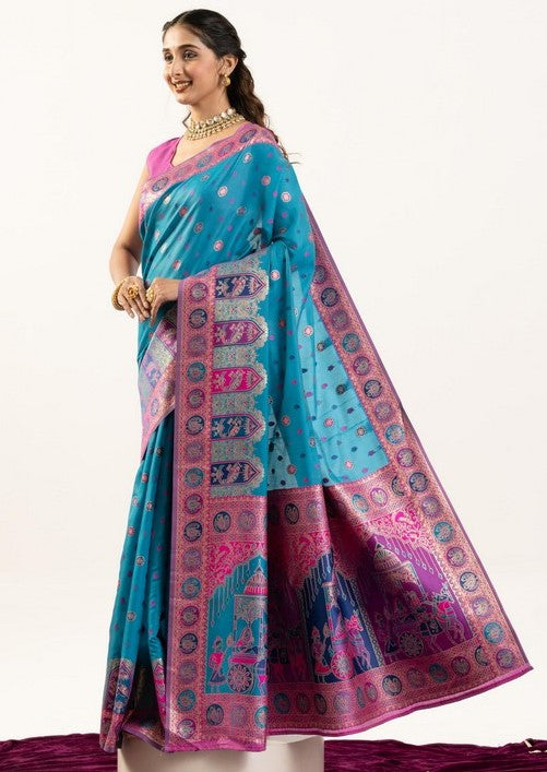 Superb Turquoise Color Banarasi Fabric Casual Saree