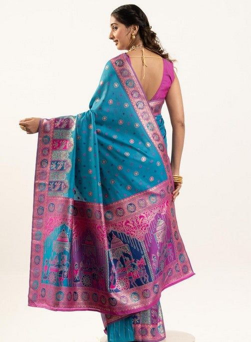 Superb Turquoise Color Banarasi Fabric Casual Saree
