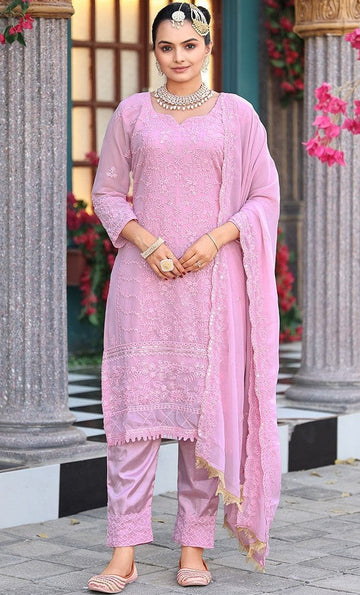 Tasteful Pink Color Georgette Fabric Designer Suit