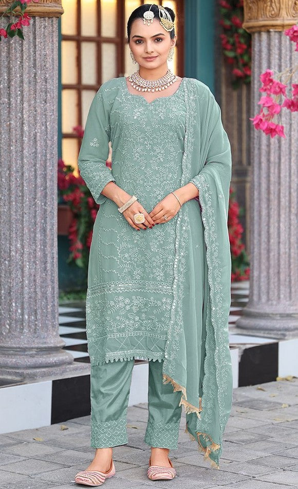 Tasteful Green Color Georgette Fabric Designer Suit