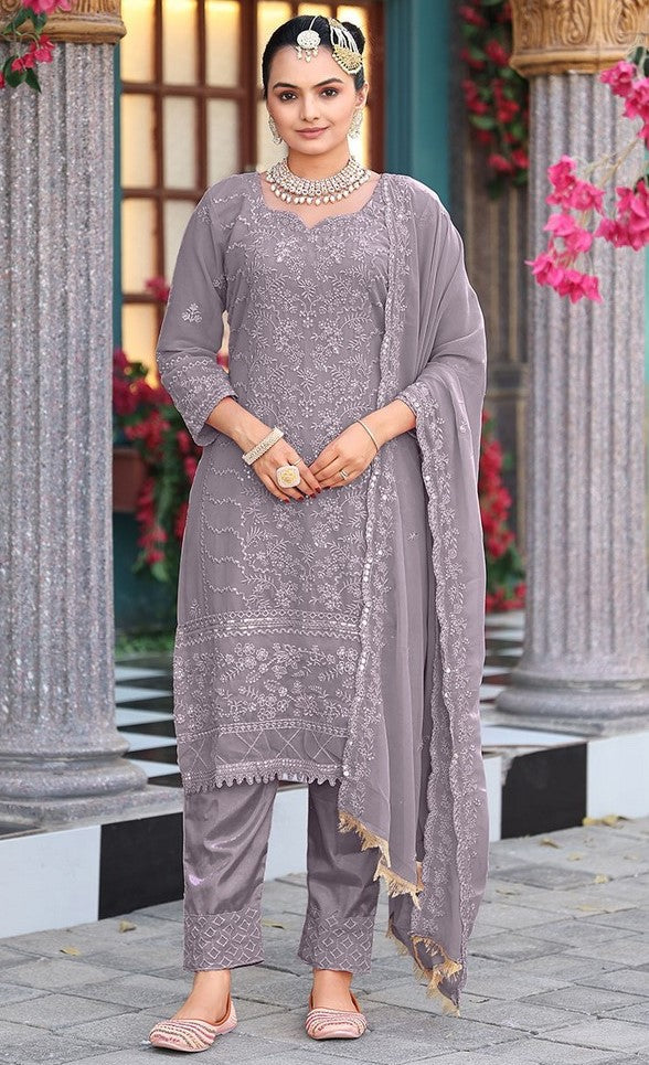 Tasteful Grey Color Georgette Fabric Designer Suit