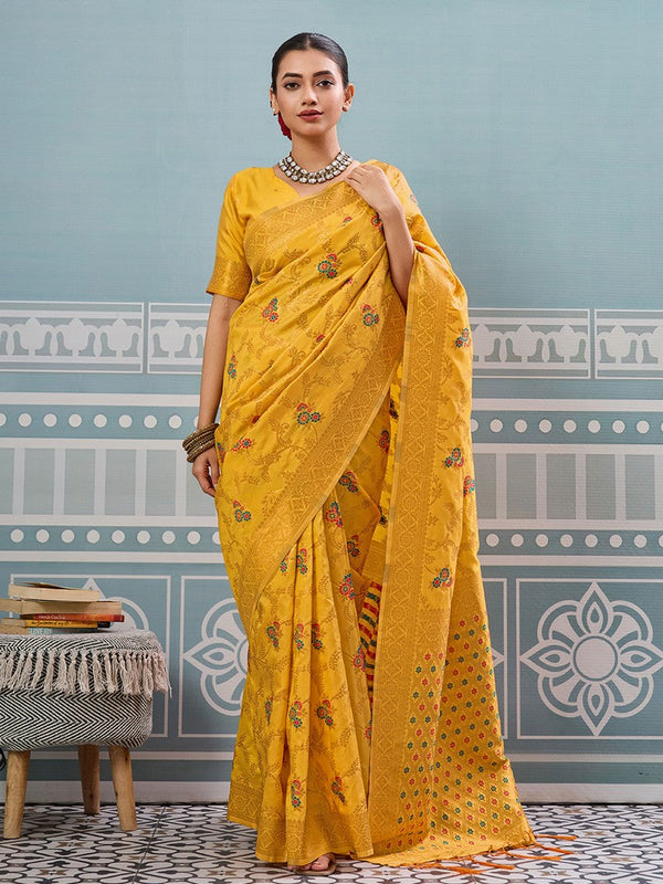 Impressive Yellow Color Silk Fabric Partywear Saree
