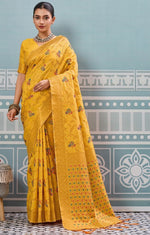 Impressive Yellow Color Silk Fabric Partywear Saree