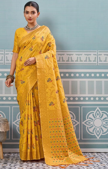 Impressive Yellow Color Silk Fabric Partywear Saree