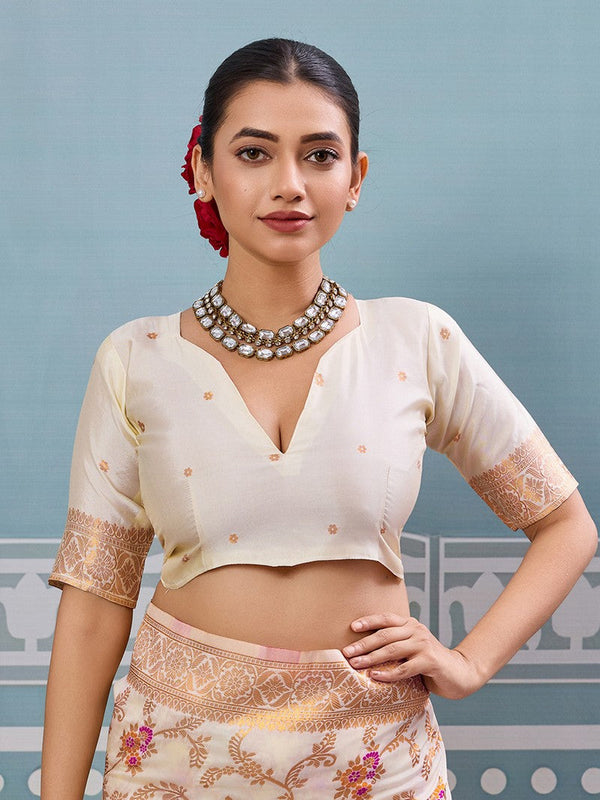 Impressive Cream Color Silk Fabric Partywear Saree