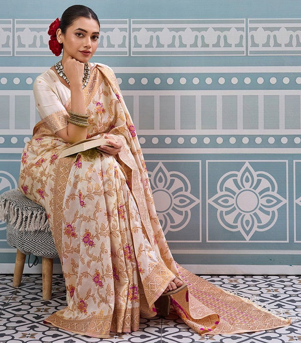 Impressive Cream Color Silk Fabric Partywear Saree