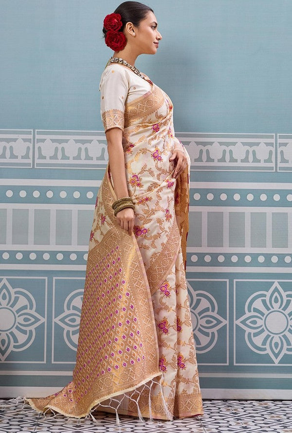 Impressive Cream Color Silk Fabric Partywear Saree