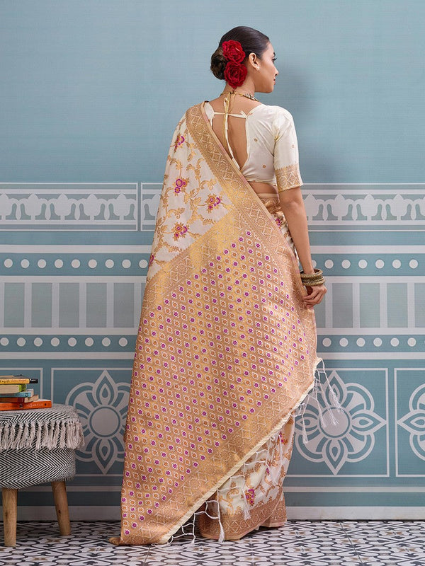 Impressive Cream Color Silk Fabric Partywear Saree